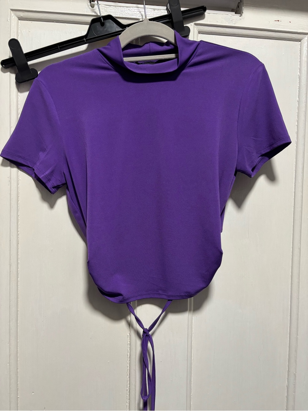 Forever 21 Purple Short-Sleeve Mock Neck Tie-Front Crop Top